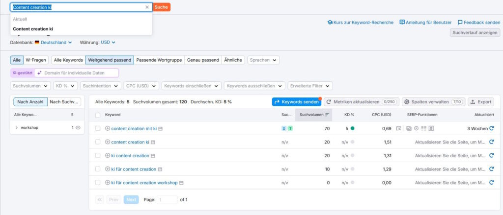 Content Creation mit KI KEyword Recherche